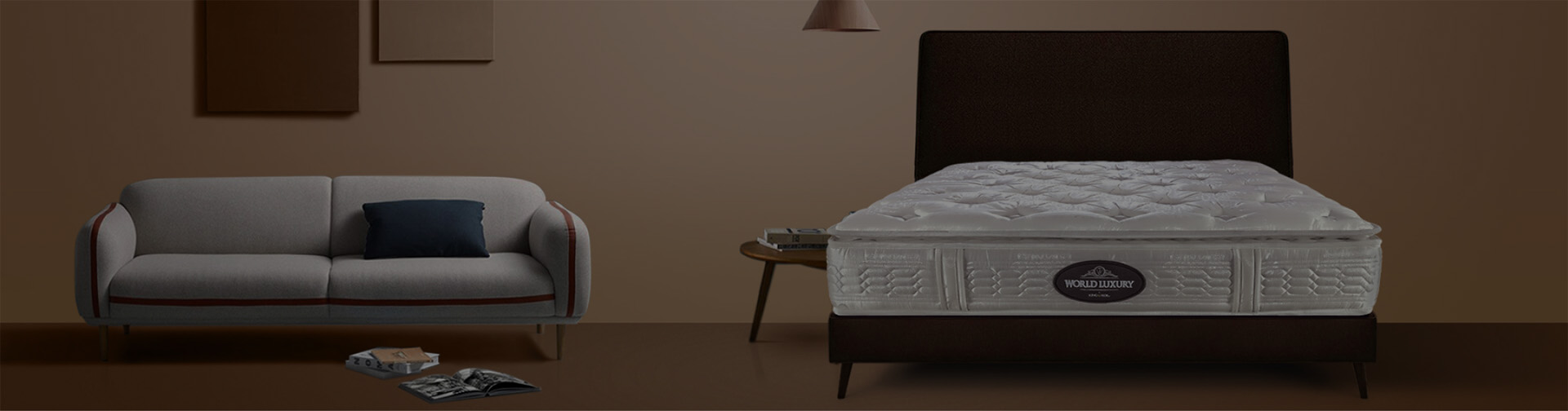 A bed with Mattressoo mattress on it and a couch